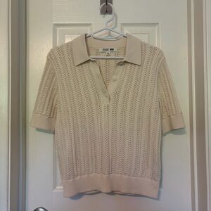 Uniqlo Cotton Pointelle Short Sleeve Polo Sweater | Cream / Off White | XS